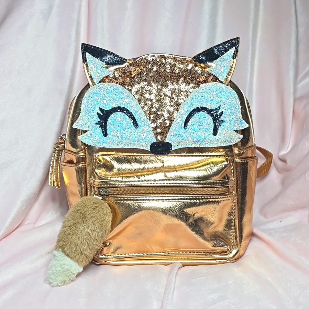 Kids Sparkly Sequins Farrah Fox Backpack Adjustable Straps Tail Zipper Pull